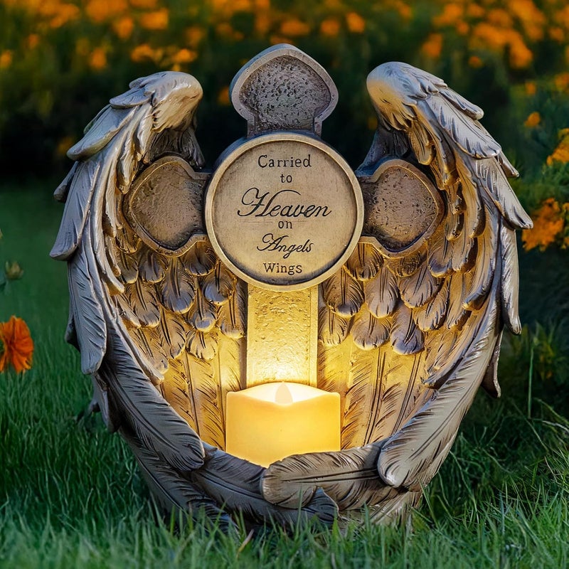 MXwcy 12“ Angel Wings Embracing Cross Solar Flameless LED Candles Outdoor Garden Memorial Statue for Garden Decoration Yard Art, A Touching Memorial Gift & Condolence Gifts Grave Decorations for Cemetery - Image 1